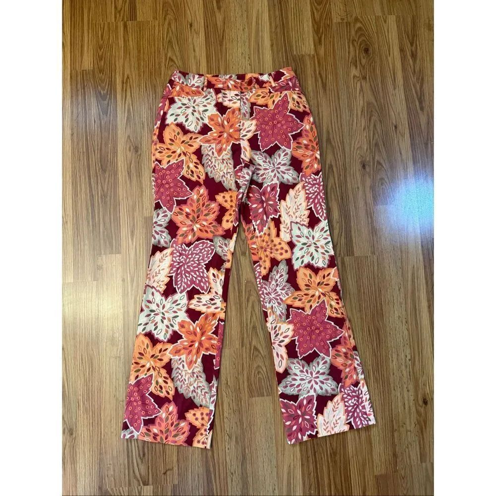 Talbots Women's Fall Leaf Print Stretch Casual Bootcut Pants Red Orange Size 6